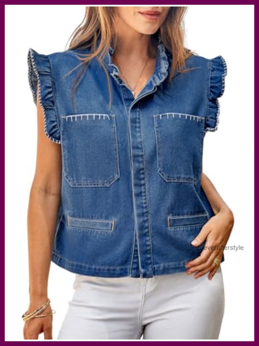 Ruffle Sleeve Denim Vest Cropped Jean Jacket Casual Women's